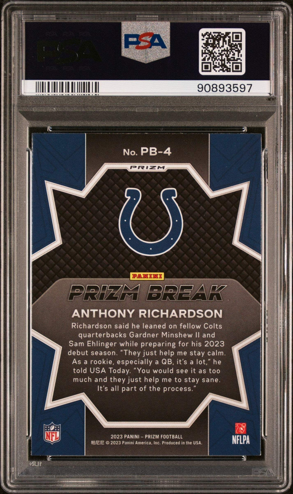 Graded 2023 Panini Prizm Anthony Richardson #PB4 No Huddle Football Card PSA 10