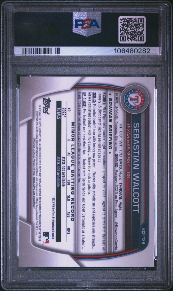 Graded 2023 Bowman Chrome Sebastian Walcott #BCP189 RC Baseball Card PSA 10