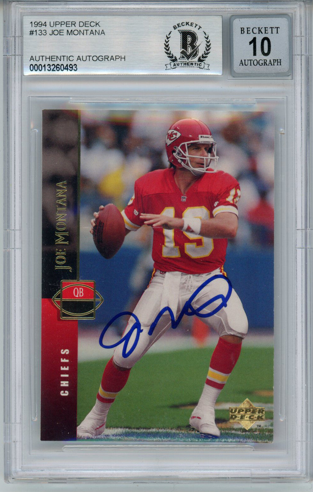Joe Montana Autographed 1994 Upper Deck #133 Trading Card BAS 10 Slab 34638