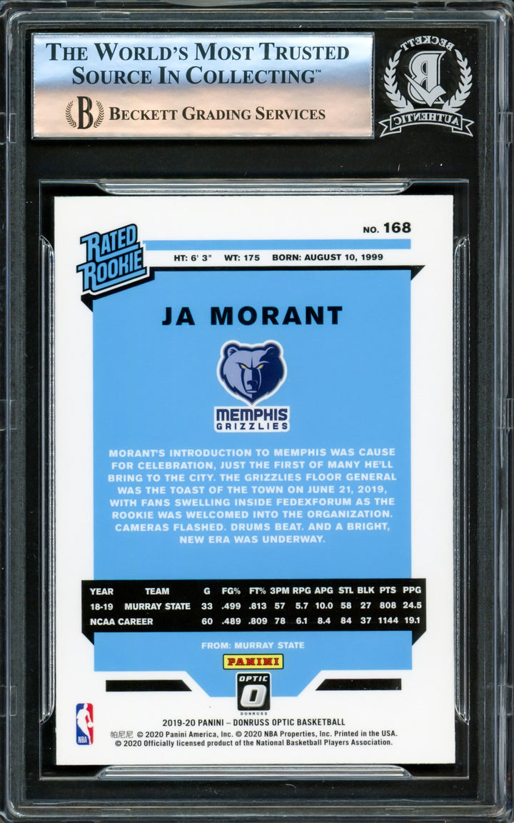 Ja Morant Signed 2019-20 Donruss Optic RC #168 Memphis Grizzlies Beckett