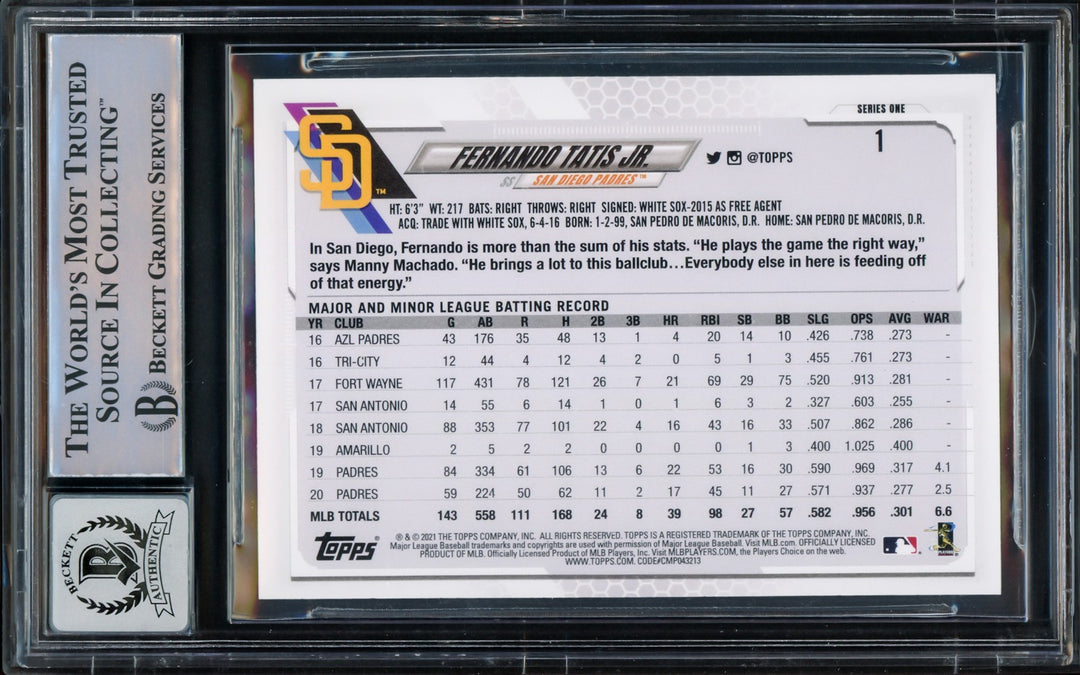 Fernando Tatis Jr. Signed 2021 Topps Card 1 San Diego Padres Auto GM 10 Beckett