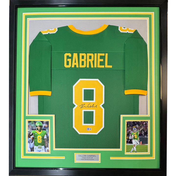 Framed Autographed/Signed Dillon Gabriel 35x39 Oregon Green Jersey BAS COA
