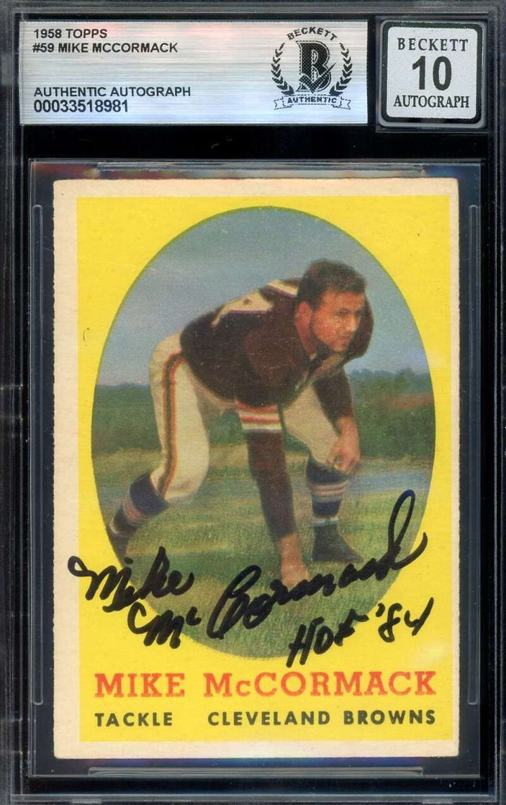 Mike McCormack Gem Mint 10 Beckett BAS Signed 1958 Topps Autograph