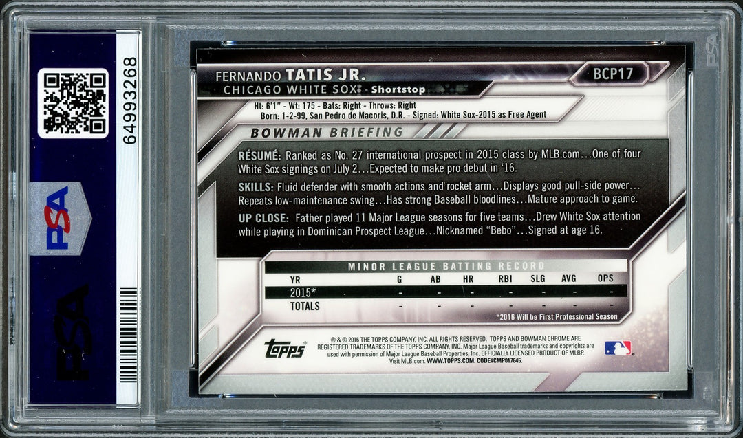 Fernando Tatis Jr. Signed 2016 Bowman Chrome Prospects RC BCP17 PSA 9 PSA/DNA