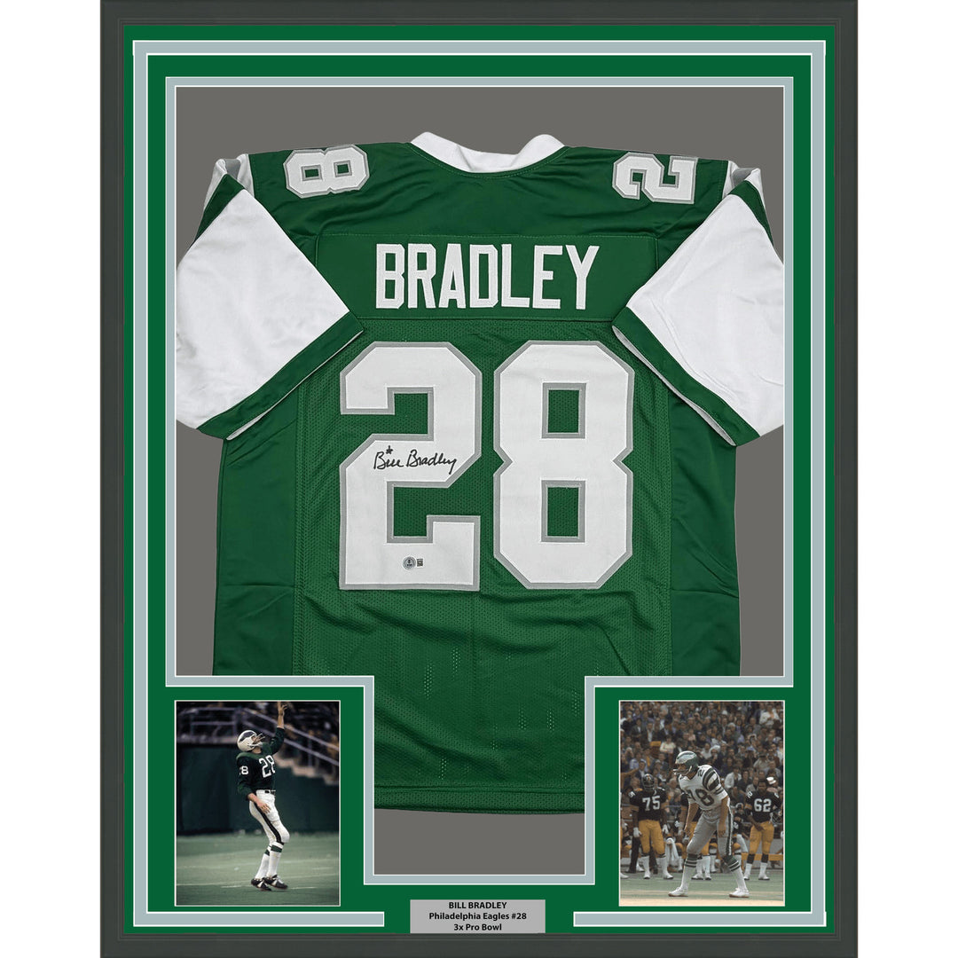 Framed Autographed Bill Bradley 35x39 Philadelphia Kelly Green Jersey BAS COA