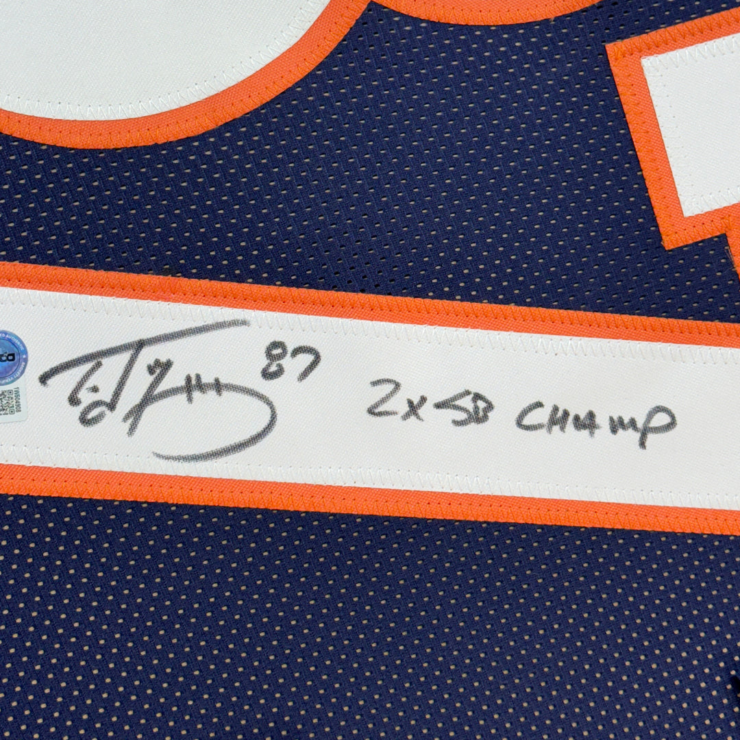 Framed Autographed/Signed Ed McCaffrey 35x39 2x SB Champs Blue Jersey BAS COA