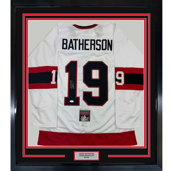 Framed Autographed/Signed Drake Batherson 35x39 Ottawa White Jersey JSA COA