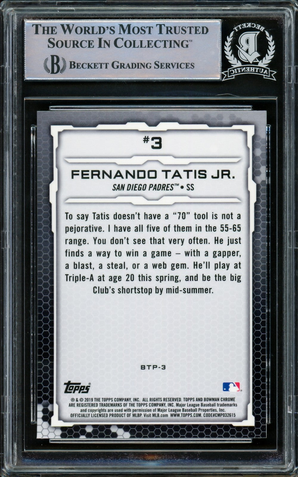 Fernando Tatis Jr Auto 2019 Bowman Chrome Scouts Top 100 Card BTP3 Padre Beckett