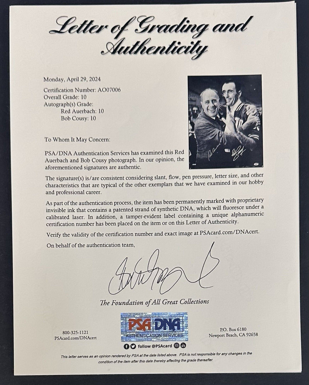 Bob Cousy Red Auerbach Signed 16x20 Framed Photo Celtics PSA 10 Mint Auto HOF