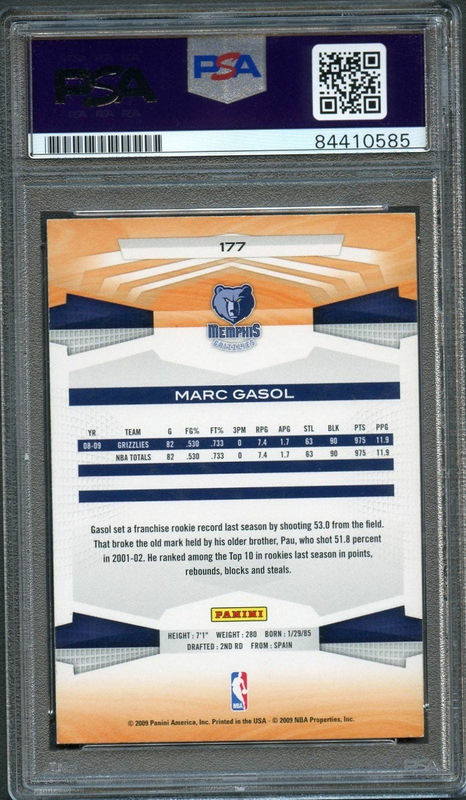 2009-10 Panini #177 Marc Gasol Signed Card AUTO 10 PSA Slabbed Grizzlies