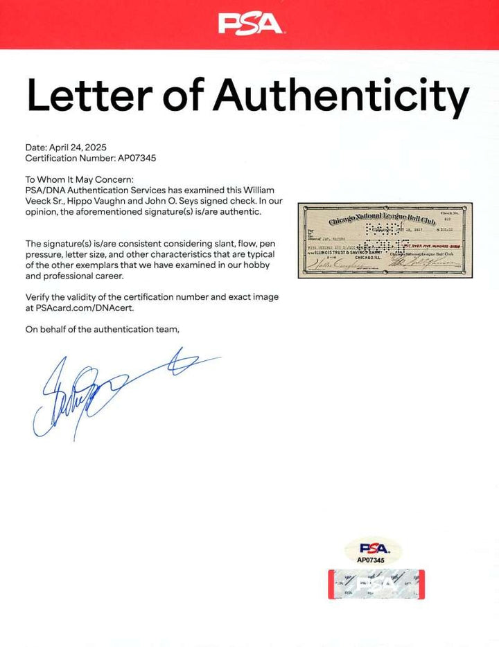 Bill Veeck Hippo Vaughn PSA DNA Loa Signed by 3 1917  Chicago Cubs C ubs Auto