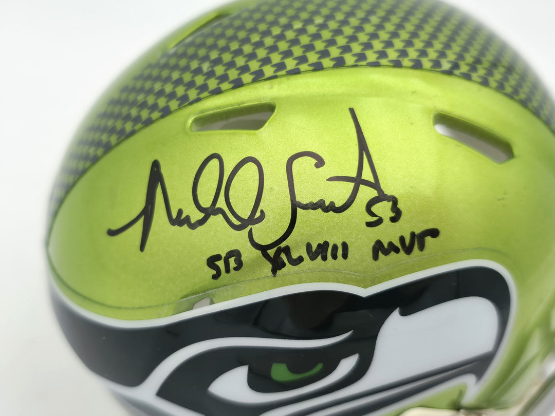 Malcolm Smith Signed Seahawks Flash Green Speed Mini Helmet Beckett Wit