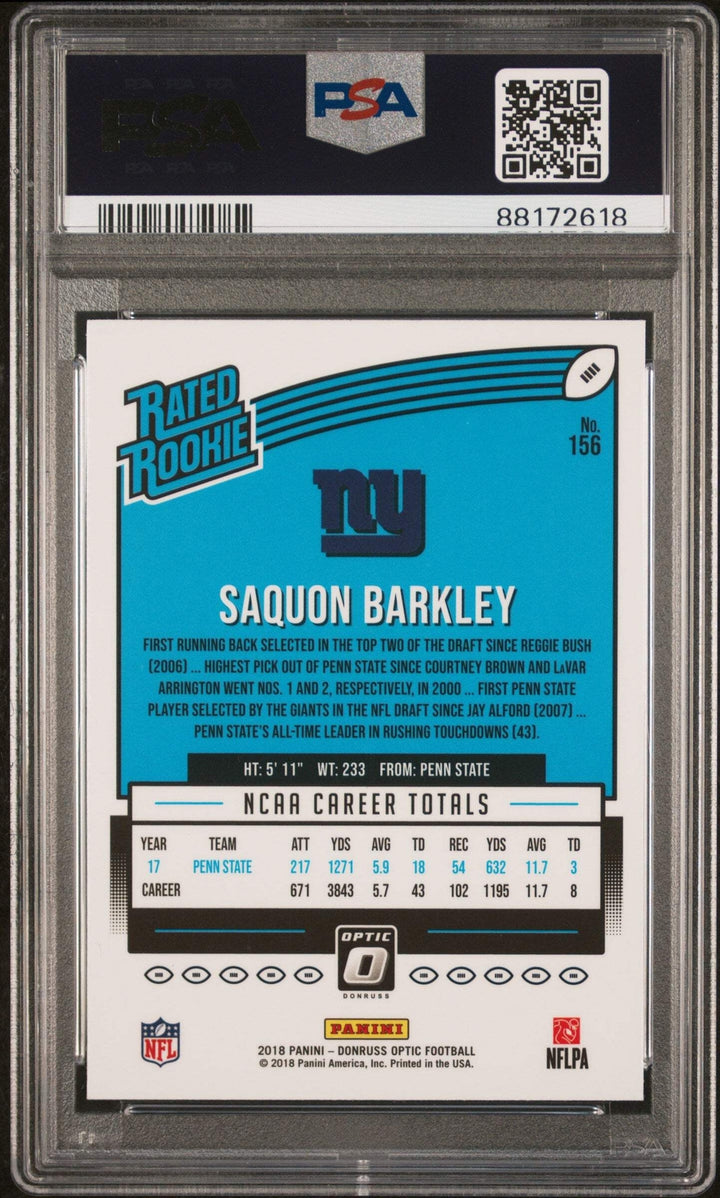 Graded 2018 Panini Donruss Optic Saquon Barkley #156 Rookie Football Card PSA 10