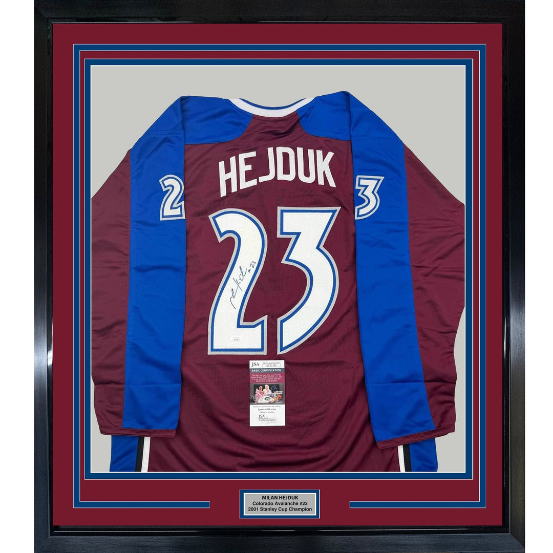 Framed Autographed/Signed Milan Hejduk 35x39 Colorado Maroon Jersey JSA COA