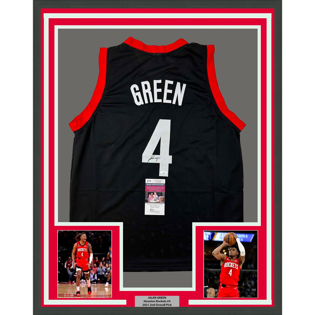 Framed Autographed/Signed Jalen Green 35x39 #4 Houston Black Jersey JSA COA
