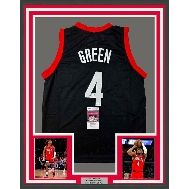 Framed Autographed/Signed Jalen Green 35x39 #4 Houston Black Jersey JSA COA