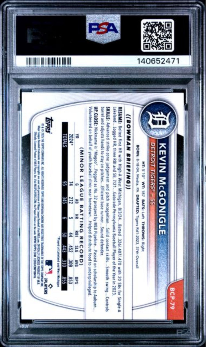 Graded 2025 Bowman Kevin McGonigle #BCP79 Chrome Rookie Baseball Card PSA 9