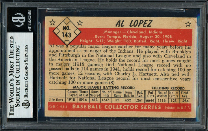 Al Lopez Signed 1953 Bowman Color Card 143 Cleveland Indians Beckett