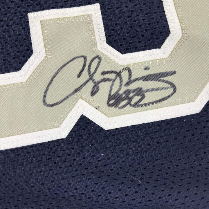 Framed Autographed/Signed Alonzo Mourning 33x42 Georgetown Blue Jersey JSA COA