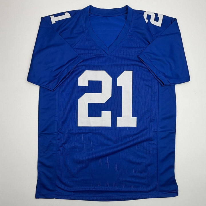 Autographed/Signed Tiki Barber New York Blue Football Jersey Beckett COA