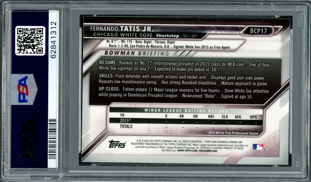 Fernando Tatis Jr Signed 2016 Bowman Chrome Prospects RC BCP17 PSA 8 Sig 10 DNA