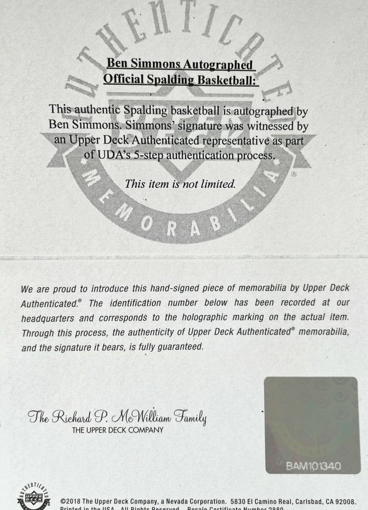 Ben Simmons Signed Authentic Basketball Brooklyn Nets UDA COA Autograph 76ers