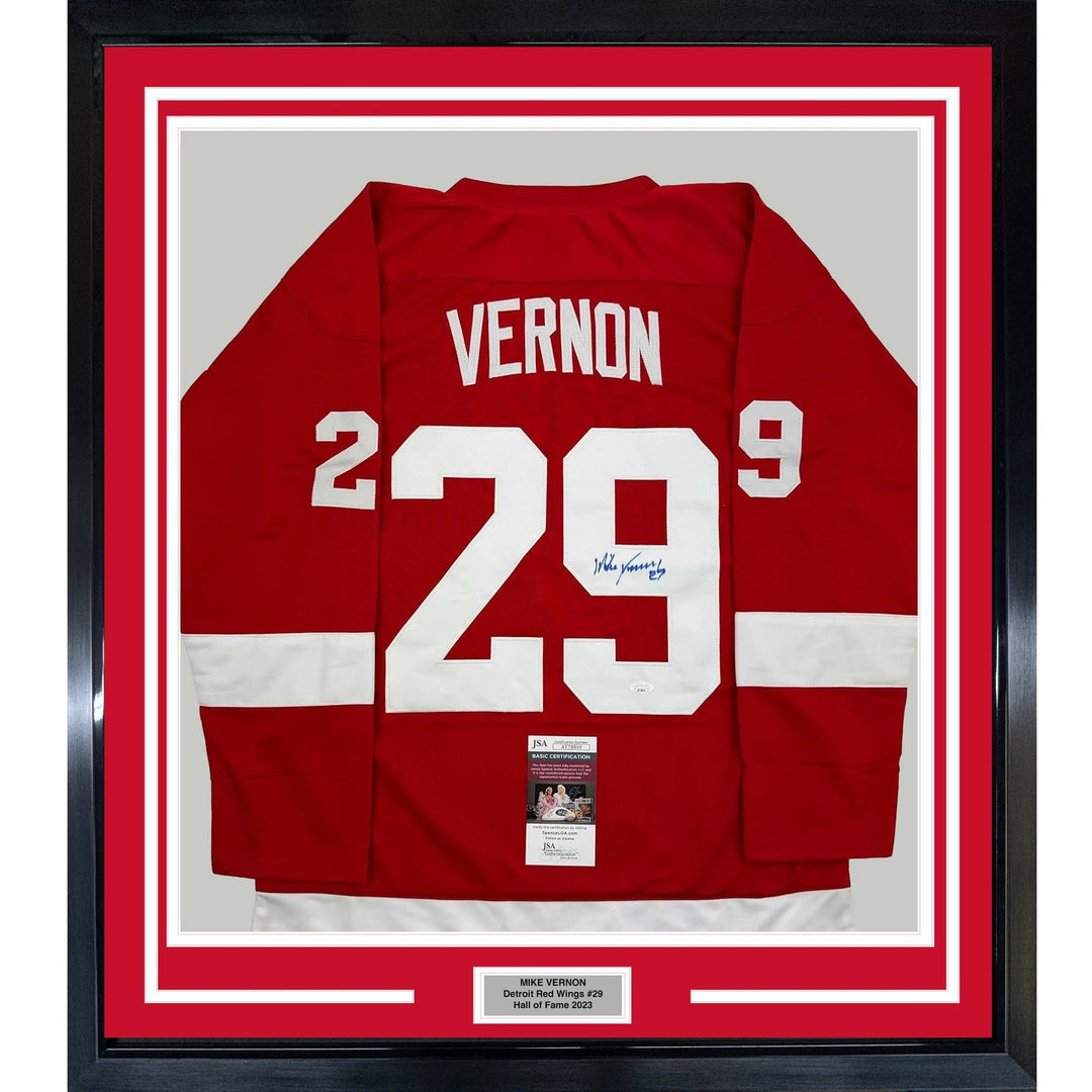 Framed Autographed/Signed Mike Vernon 35x39 Detroit Red Jersey JSA COA