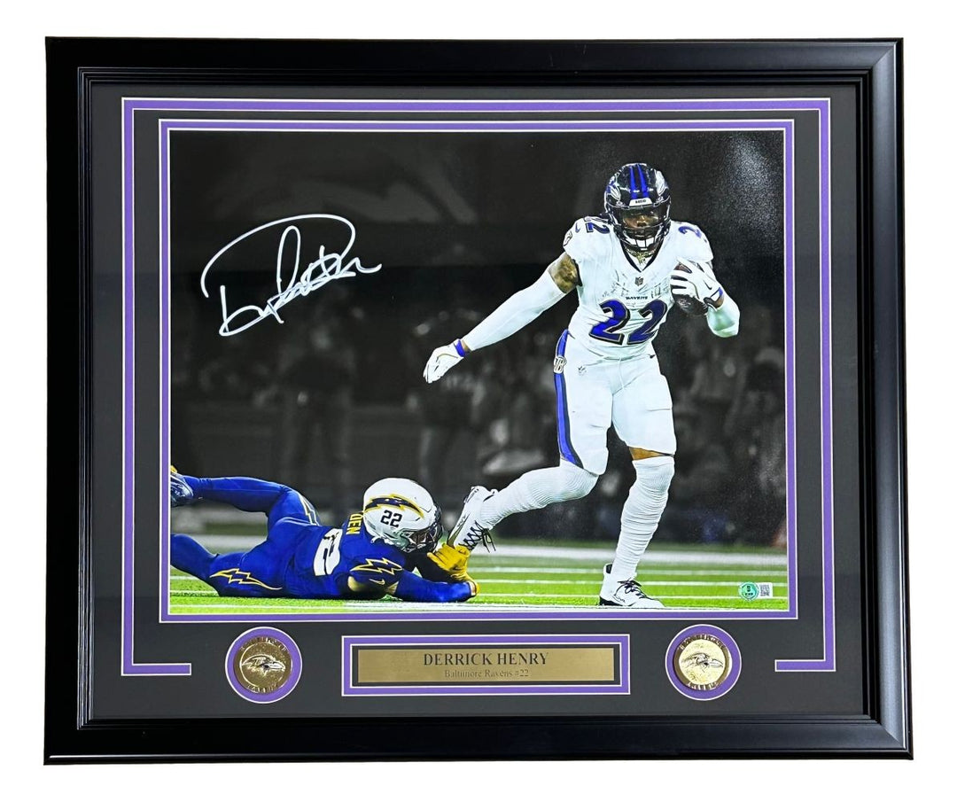 Derrick Henry Signed Framed 16x20 Baltimore Ravens White Jersey Photo BAS 56584