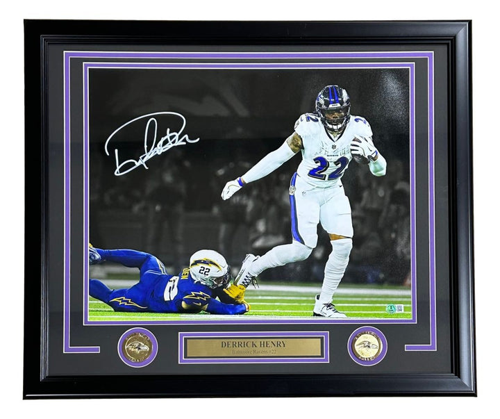 Derrick Henry Signed Framed 16x20 Baltimore Ravens White Jersey Photo BAS 56584