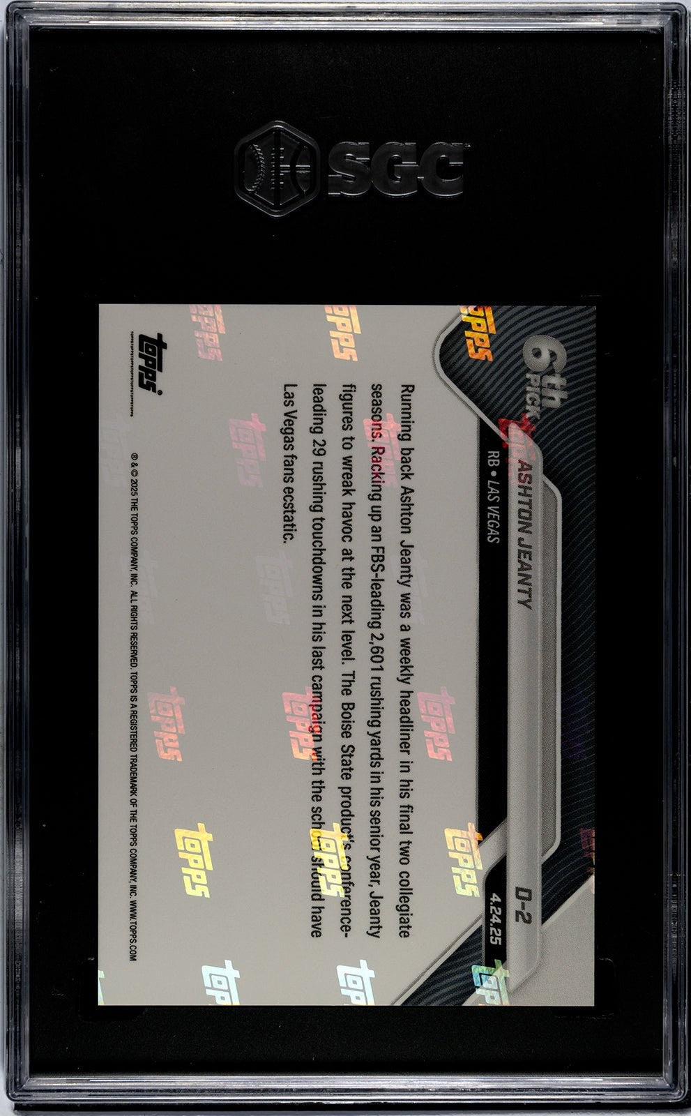 Graded 2025 Topps Now Ashton Jeanty #D2 Rookie RC Card SGC 10 Gem Mint
