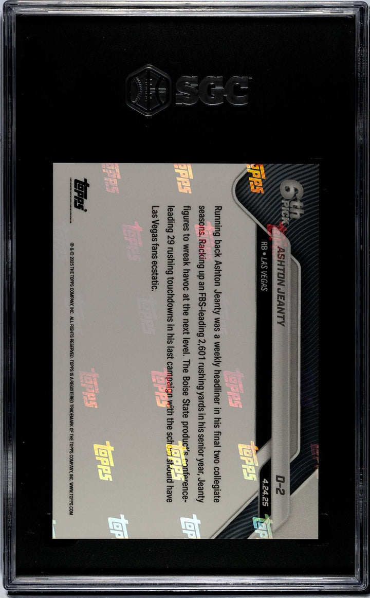 Graded 2025 Topps Now Ashton Jeanty #D2 Rookie RC Card SGC 10 Gem Mint