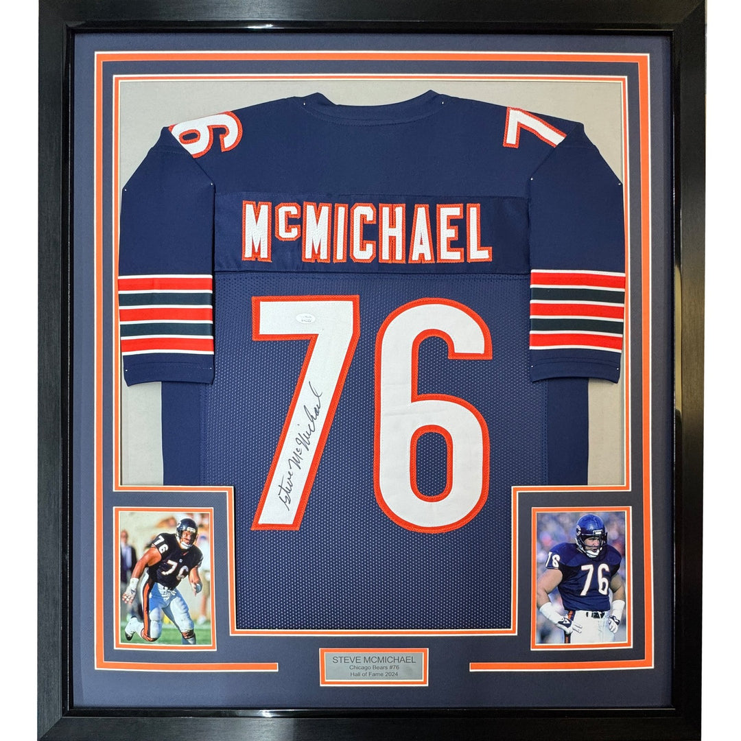 Framed Autographed/Signed Steve McMichael 35x39 Chicago Blue Jersey JSA COA