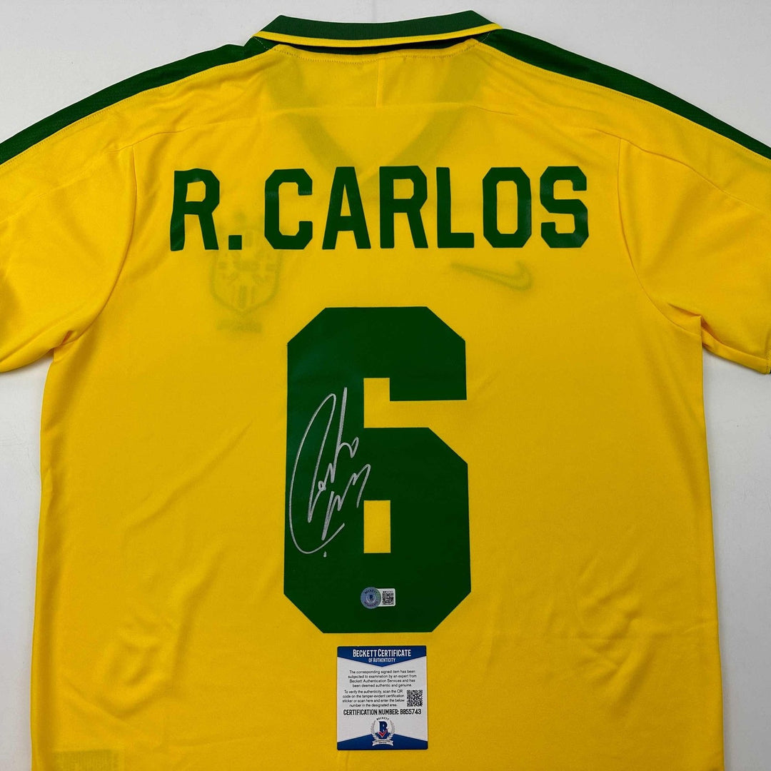Autographed/Signed Roberto Carlos Brazil Yellow Retro Jersey Beckett COA