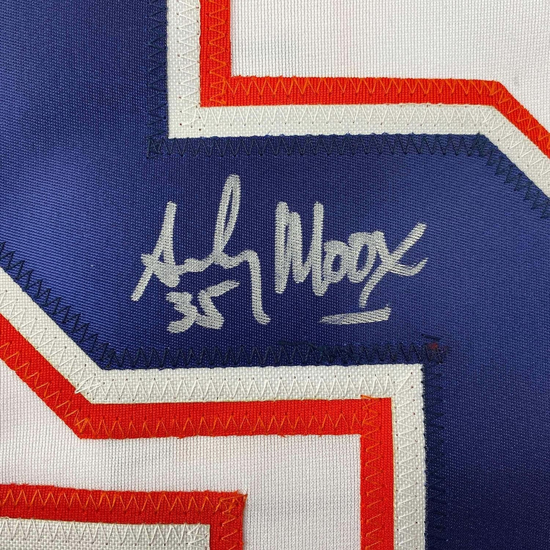 Framed Autographed/Signed Andy Moog 35x39 Edmonton White Jersey JSA COA