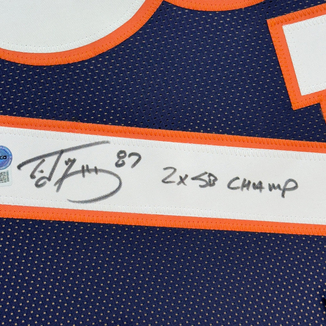 Framed Autographed/Signed Ed McCaffrey 35x39 2x SB Champs Blue Jersey COA