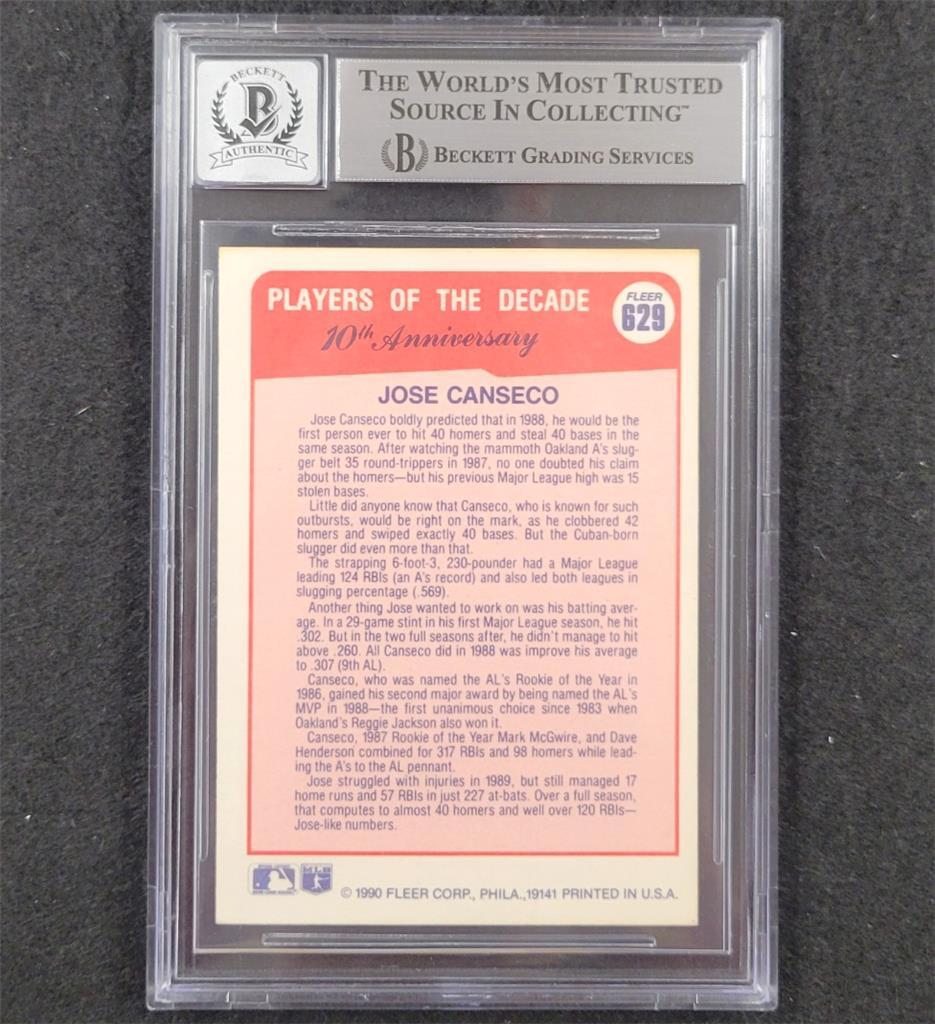 Jose Canseco signed 1990 Fleer Players of the Decade #629 card ~ BAS 10 auto