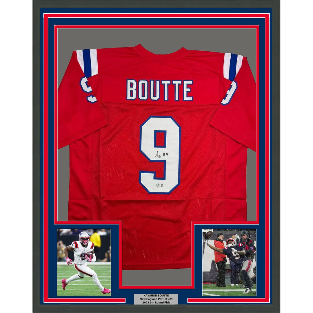Framed Autographed/Signed Kayshon Boutte 35x39 New England Red Jersey COA
