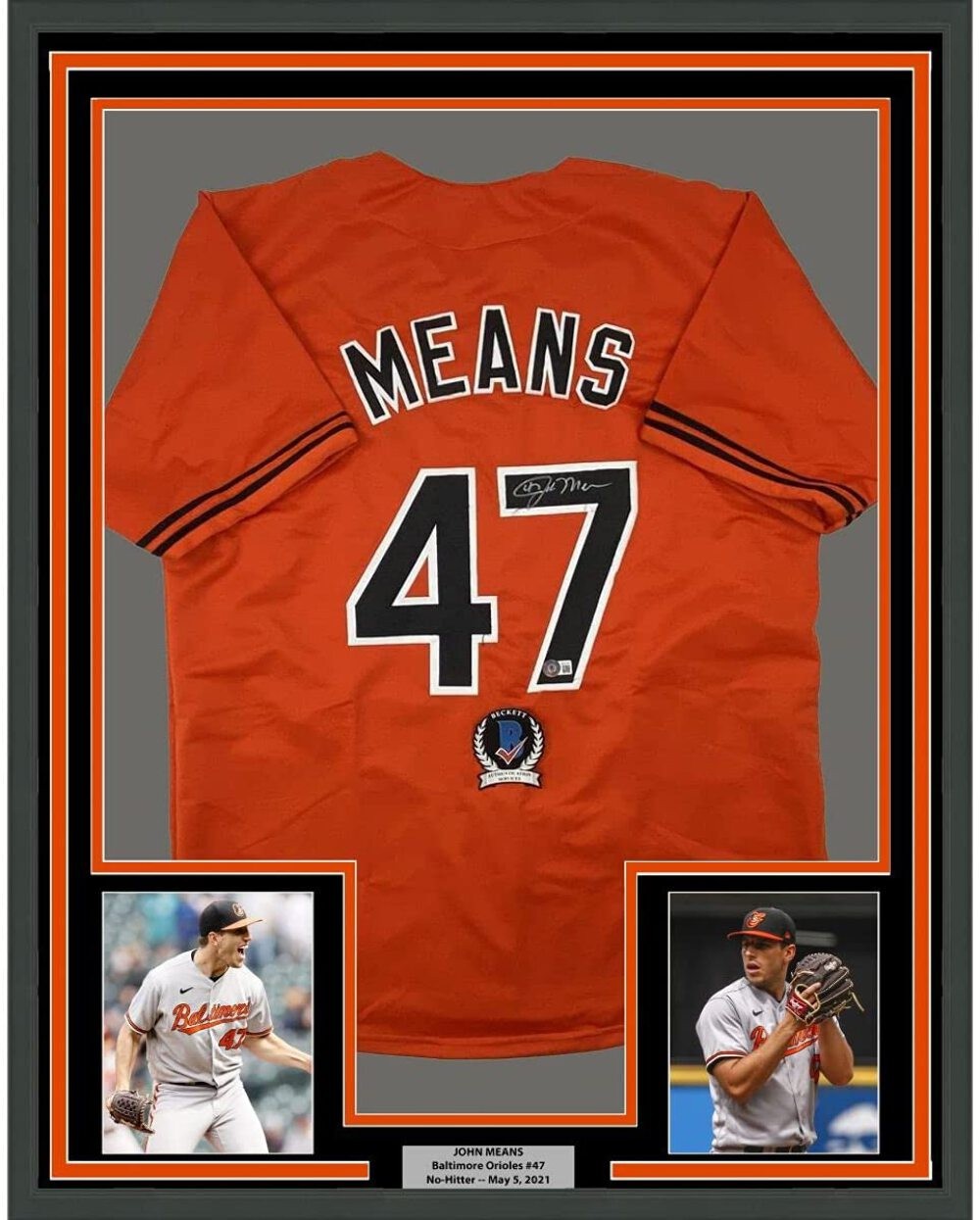 FRAMED Autographed/Signed JOHN MEANS 33x42 Baltimore Orange Jersey Beckett COA