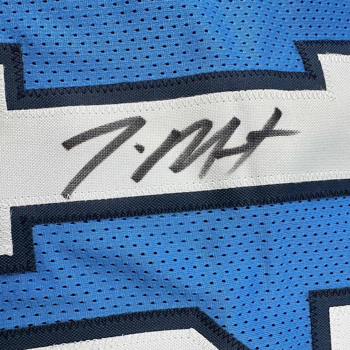 Framed Autographed/Signed Ja Morant 35x39 Memphis Light Blue Jersey JSA COA