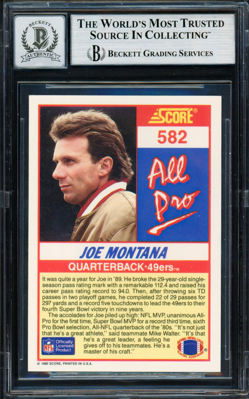 Joe Montana Signed 1990 Score Card 582 San Francisco 49ers Auto GM 10 Beckett
