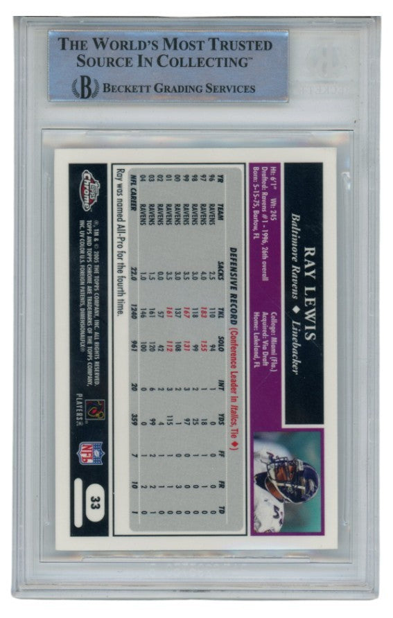 Ray Lewis Autographed/Signed 2005 Topps Chrome #33 Card Slab Beckett 52661