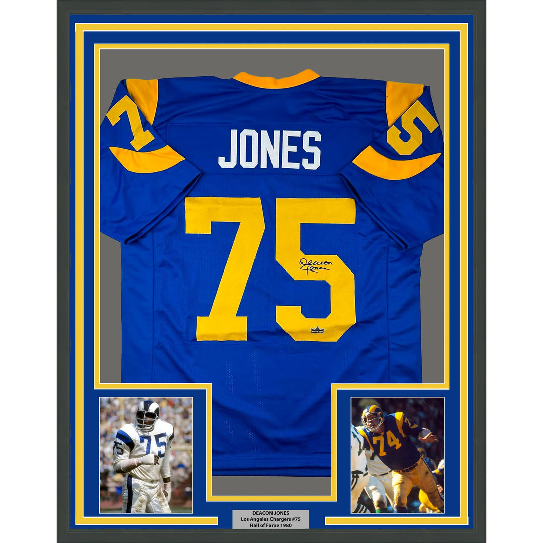 Framed Facsimile Autographed Deacon Jones 33x42 Blue Reprint Laser Auto Jersey