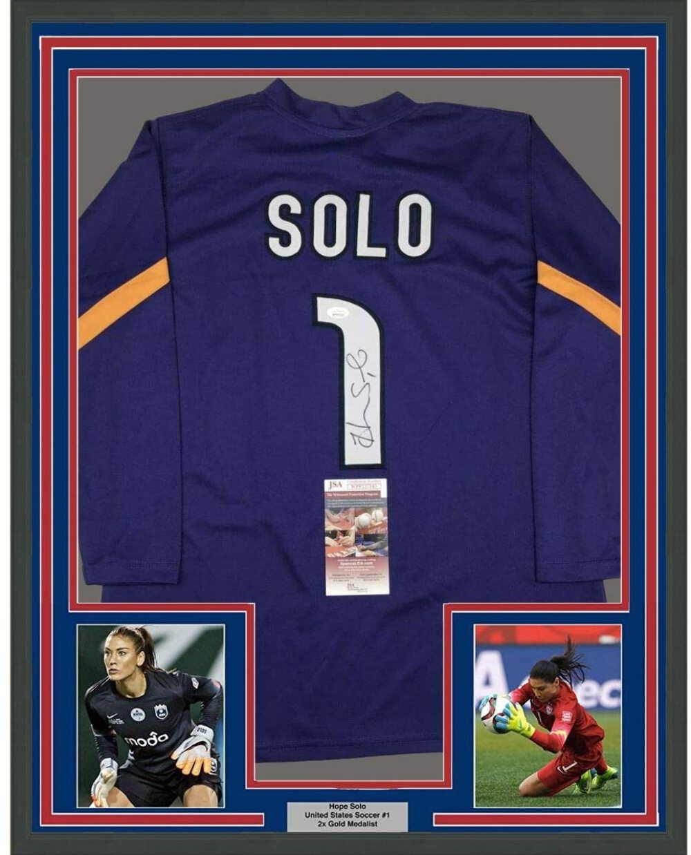 Framed Autographed/Signed Hope Solo 35x39 Purple USA World Cup Jersey JSA COA