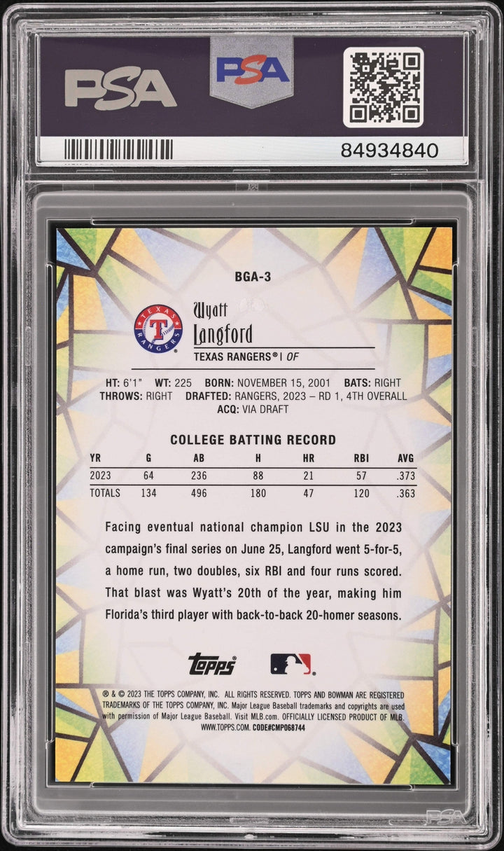 Graded 2023 Topps Bowman Draft Wyatt Langford #BGA3 Glass Baseball Card PSA 10