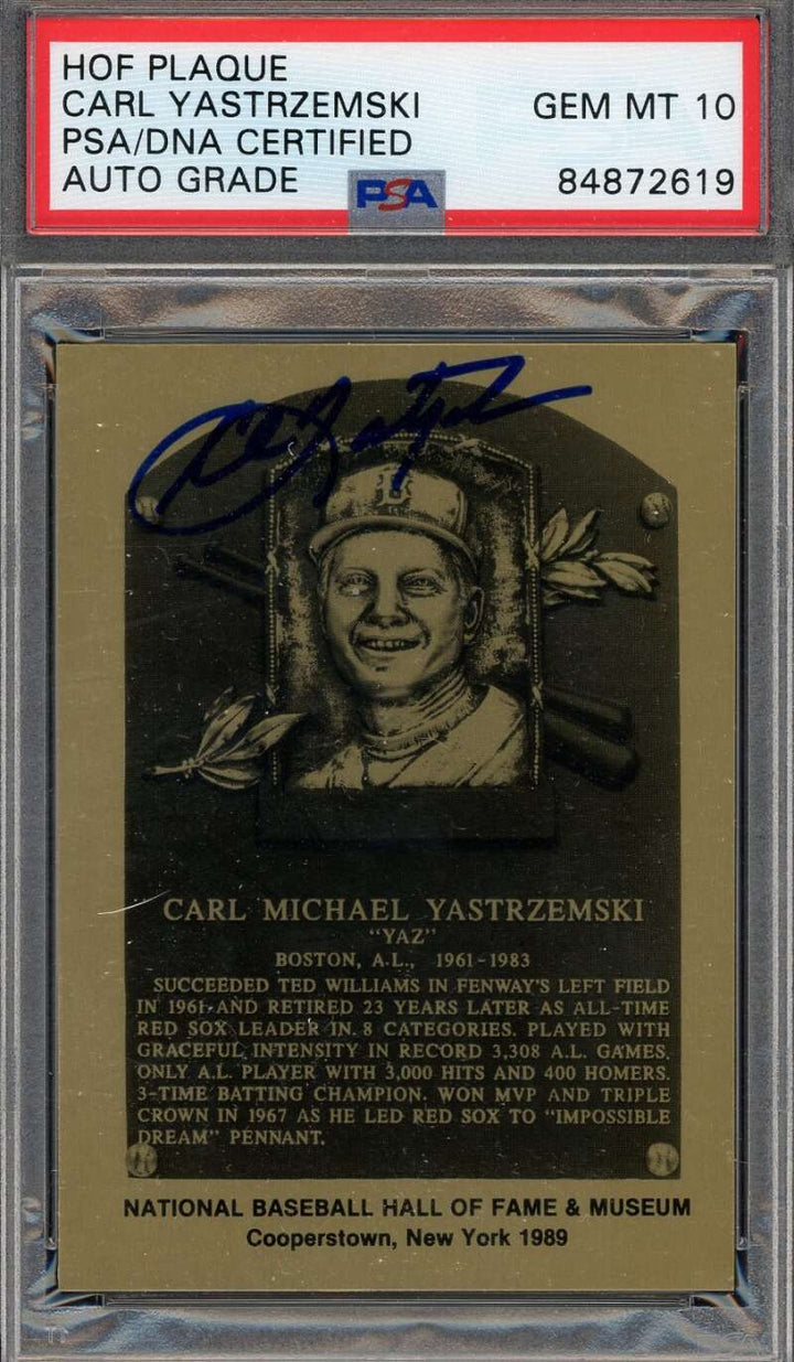 Carl Yastrzemski Gem Mint 10 PSA DNA Signed Gold Metallic HoF Plaque Autograph