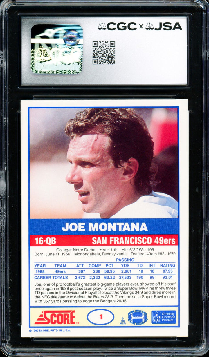 Joe Montana Signed 1989 Score Card 1 49ers Grade 9.5 Auto GM 10 CGC x JSA