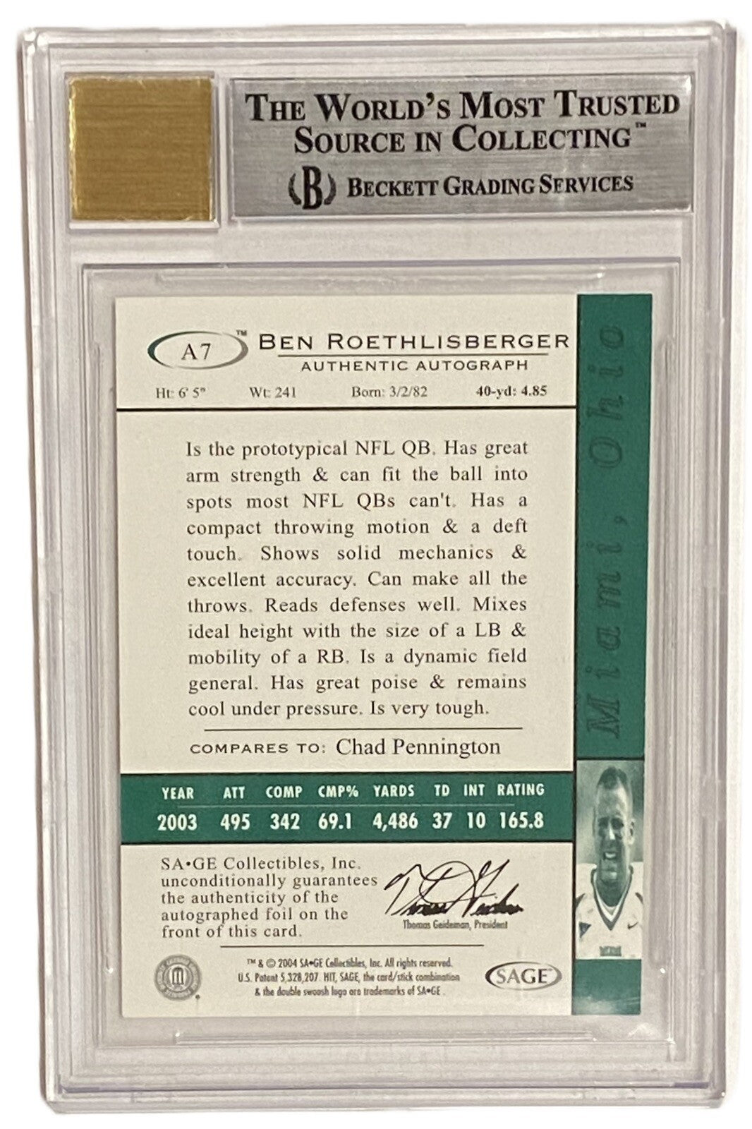 2004 Sage Hit Autographs Gold Ben Roethlisberger Rookie Card /250 BGS 9 Auto 10