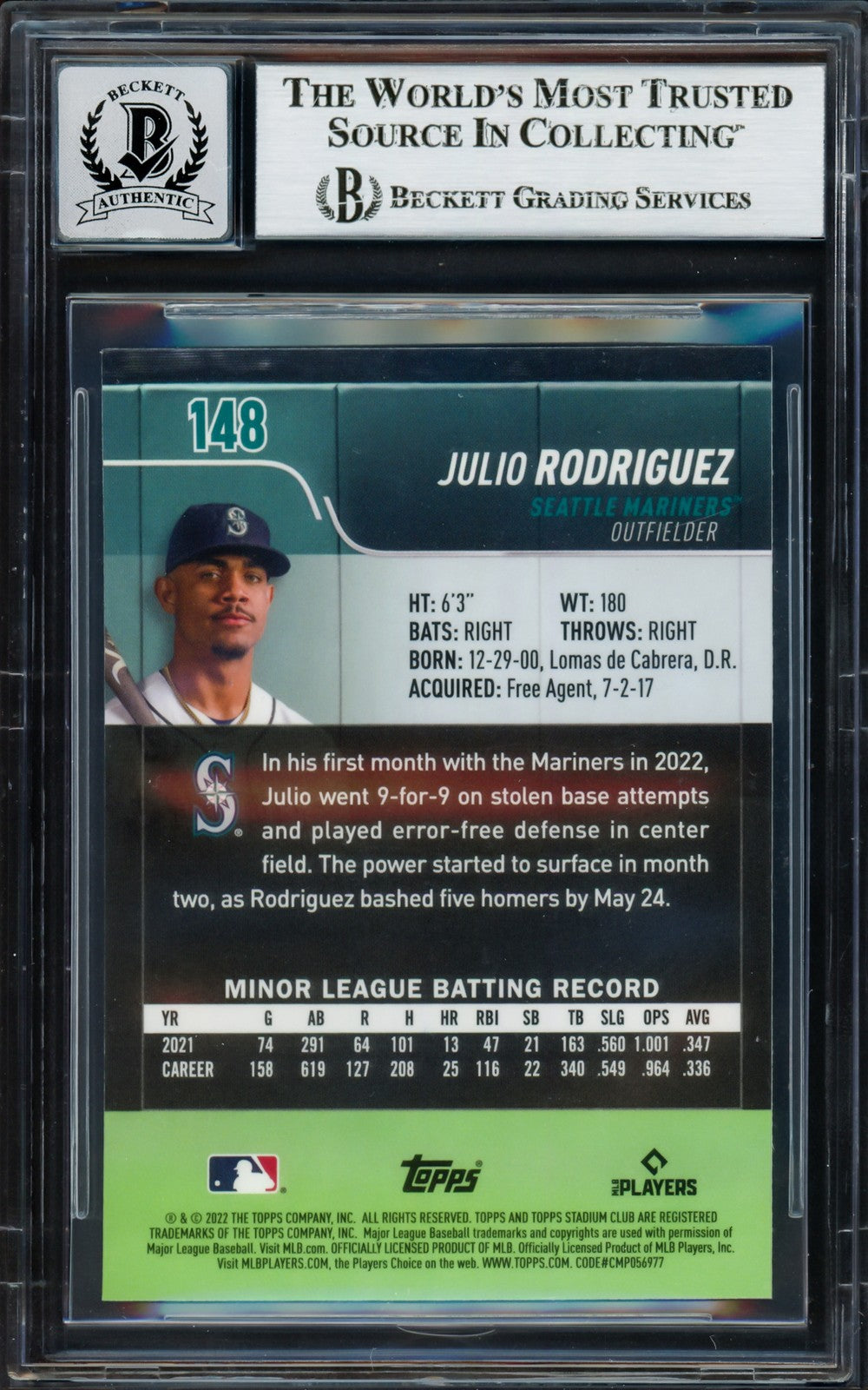 Julio Rodriguez Signed 2022 Stadium Club Chrome RC 148 Mariners Sig 10 Beckett
