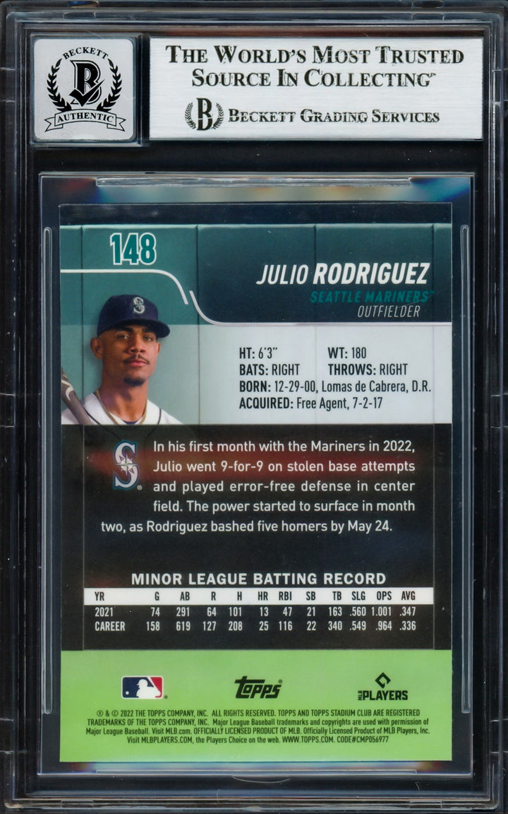 Julio Rodriguez Signed 2022 Stadium Club Chrome RC 148 Mariners Sig 10 Beckett