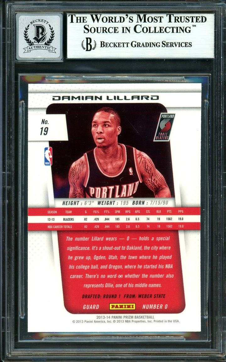 Damian Lillard Auto 2013-14 Panini Prizm Card 19 Trail Blazers Auto 10 Beckett